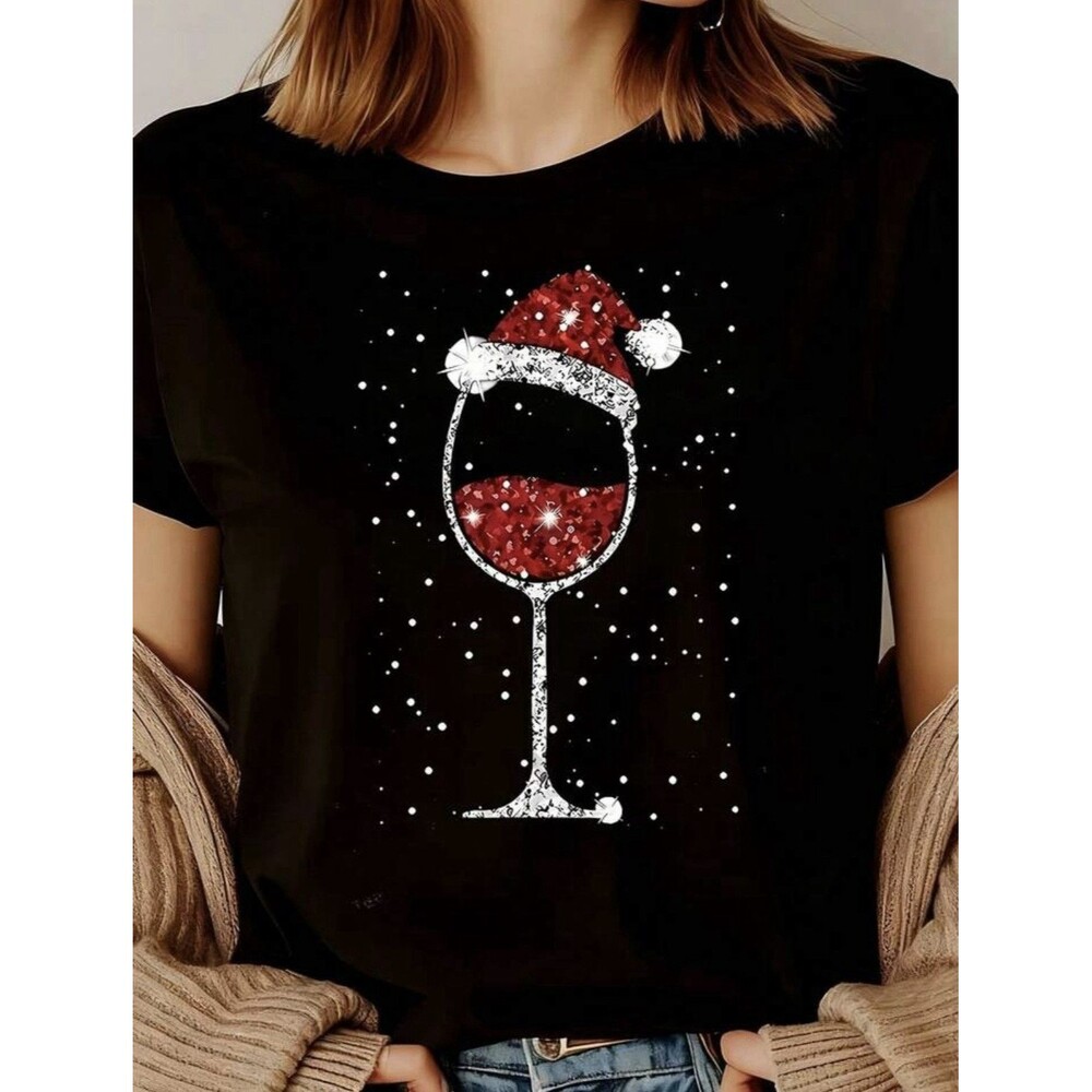 Christmas Wine Glass Graphic T-Shirt – Holiday Tee Women’s XL Black